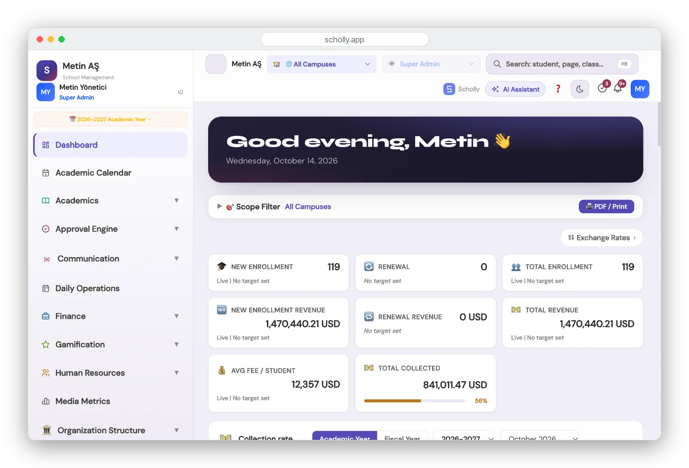 Scholly web panel - Dashboard